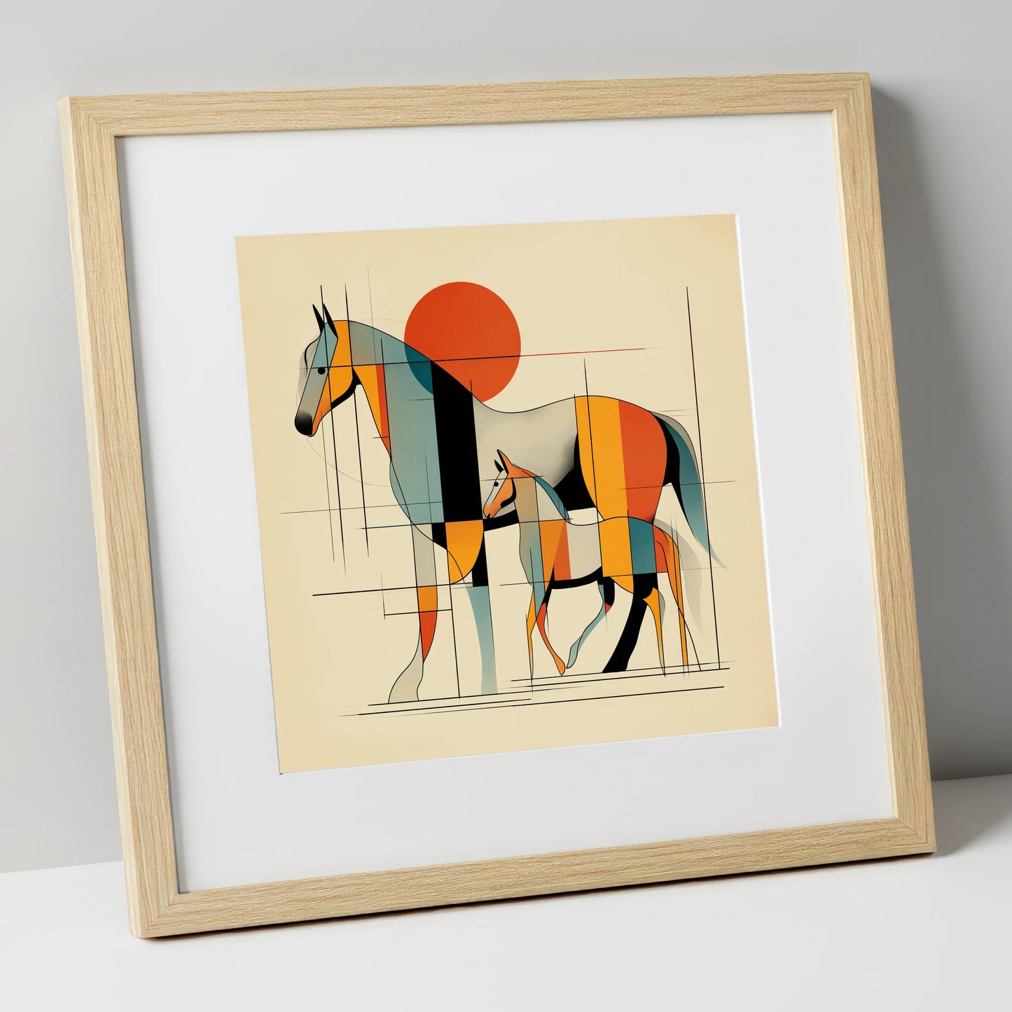 Harmony in Form mare & foal art print in natural frame