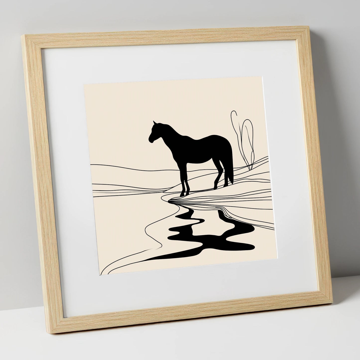 The Silent Oasis horse landscape art print in natural frame