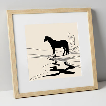 The Silent Oasis horse landscape art print in natural frame