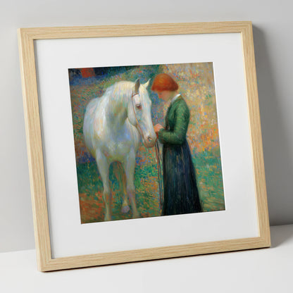 The Quiet Bond horse & rider art print in natural frame