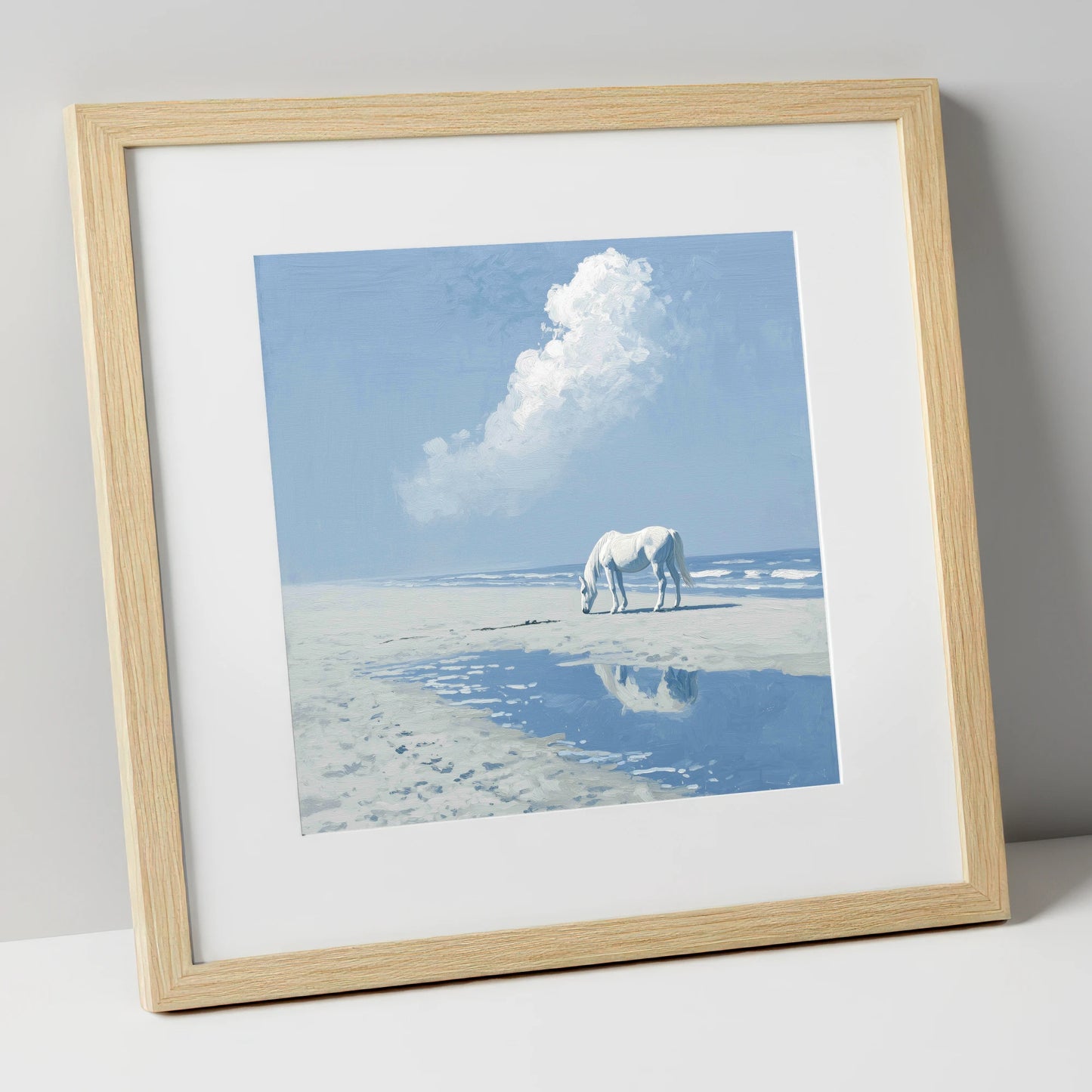 Azure Shore Solitude horse landscape art print in natural frame