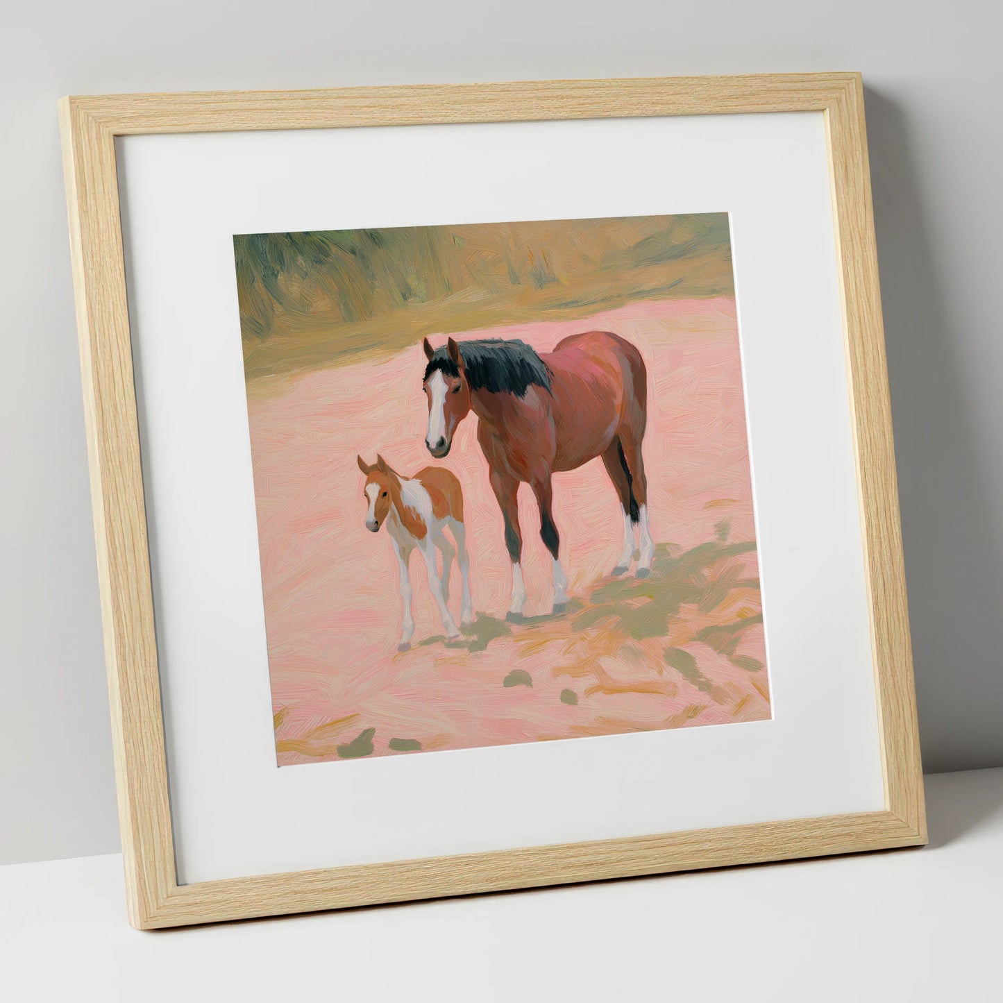 The Gentle Bond mare & foal art print in natural frame