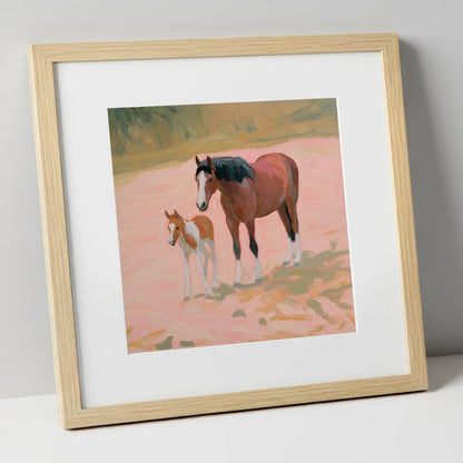 The Gentle Bond mare & foal art print in natural frame