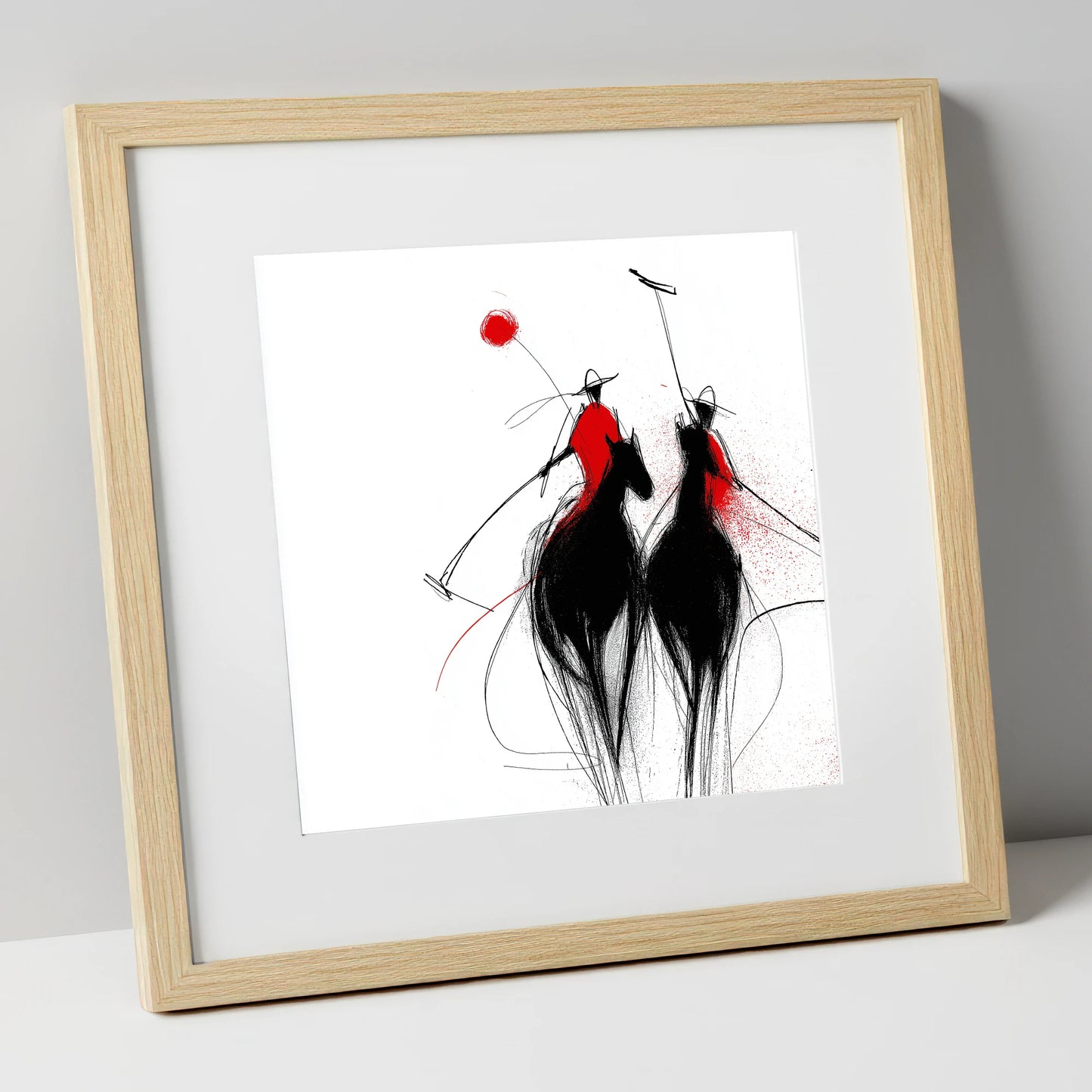 Crimson Chukka polo horse art print in natural frame