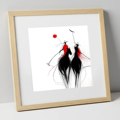 Crimson Chukka polo horse art print in natural frame