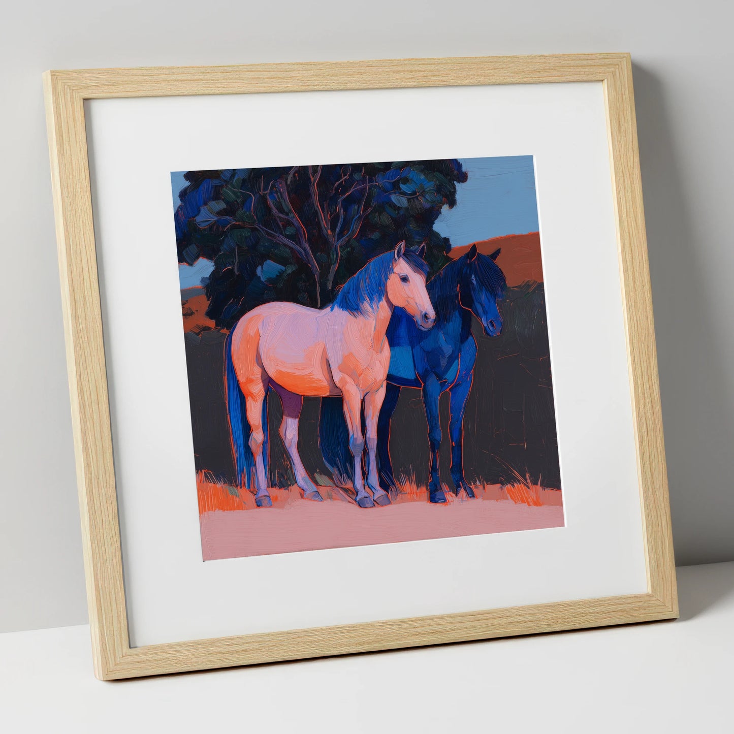 Contrasting Companions horse landscape art print in natural frame