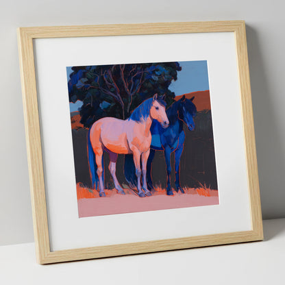 Contrasting Companions horse landscape art print in natural frame