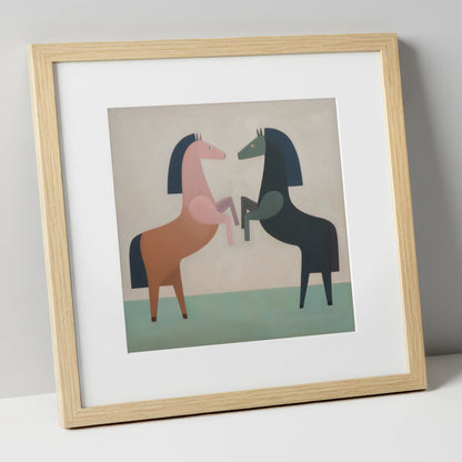 Symmetrical Equine Balance wild horses art print in natural frame