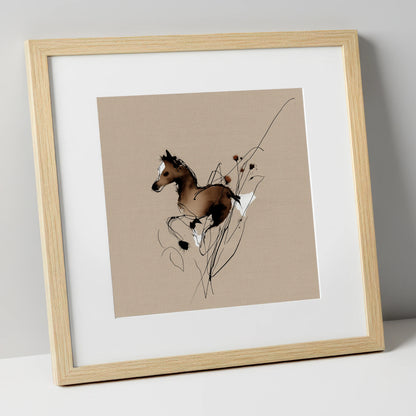 Joyful Bound horse portrait art print in natural frame