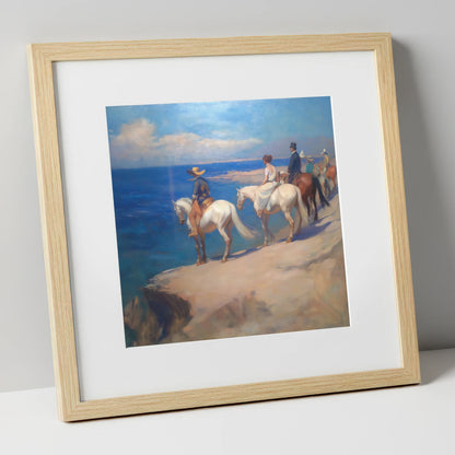 Coastal Riders Halt horse landscape art print in natural frame