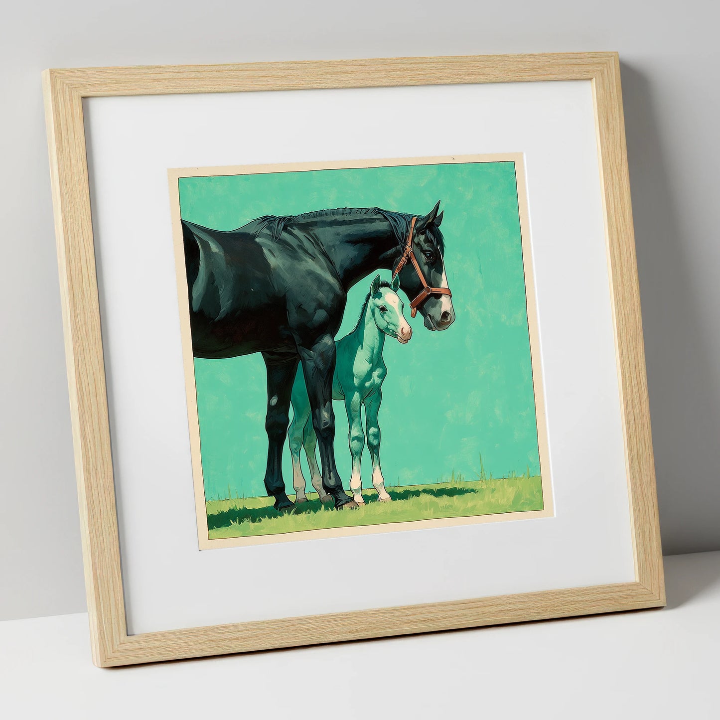 Bond in Vivid Teal mare & foal art print in natural frame