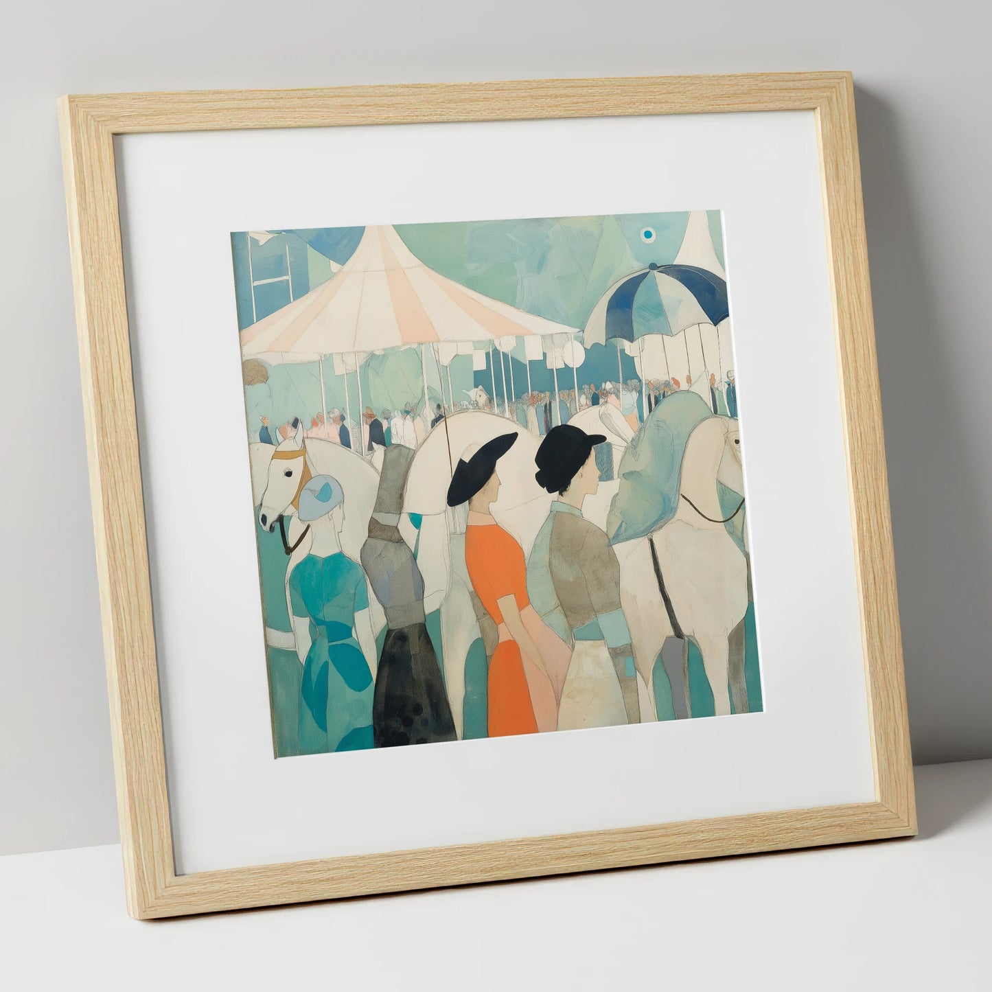 Trackside Elegance racing horse art print in natural frame