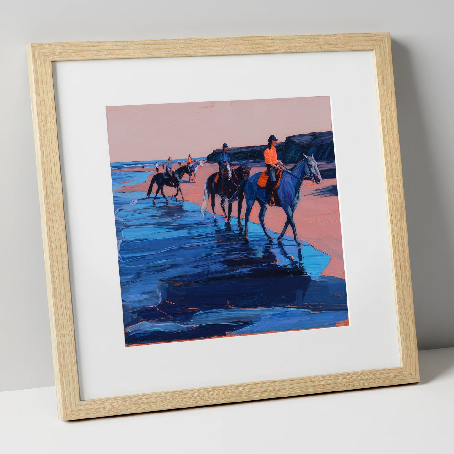 Twilight Coastal Hack horse landscape art print in natural frame