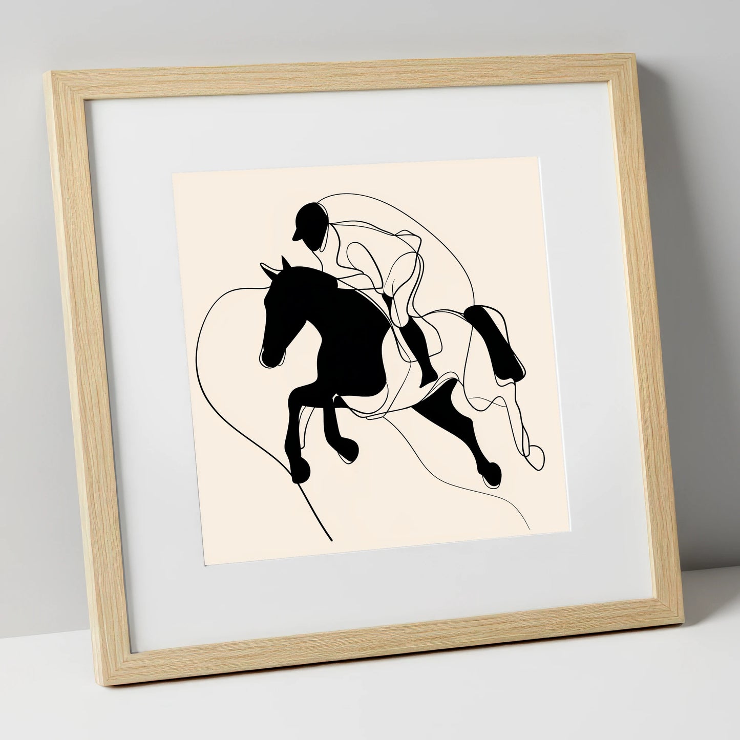 Airborne Elegance show jumping horse art print in natural frame