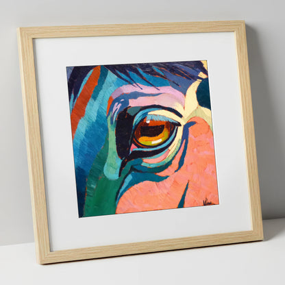 Vibrant Equine Gaze horse portrait art print in natural frame