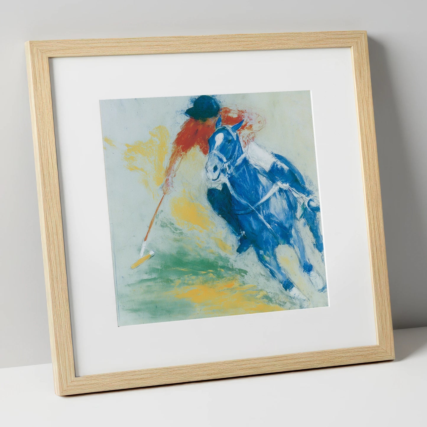 Cerulean Polo Strike polo horse art print in natural frame