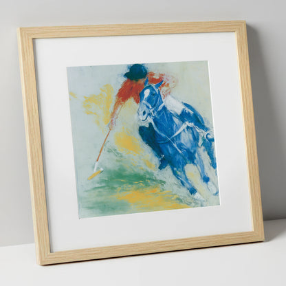 Cerulean Polo Strike polo horse art print in natural frame