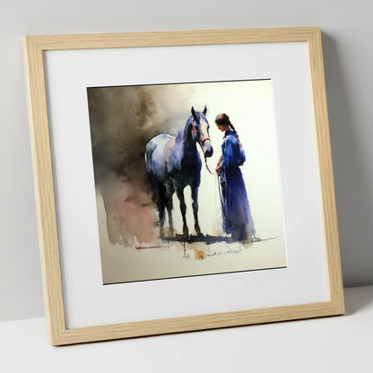 The Silent Bond horse & rider art print in natural frame