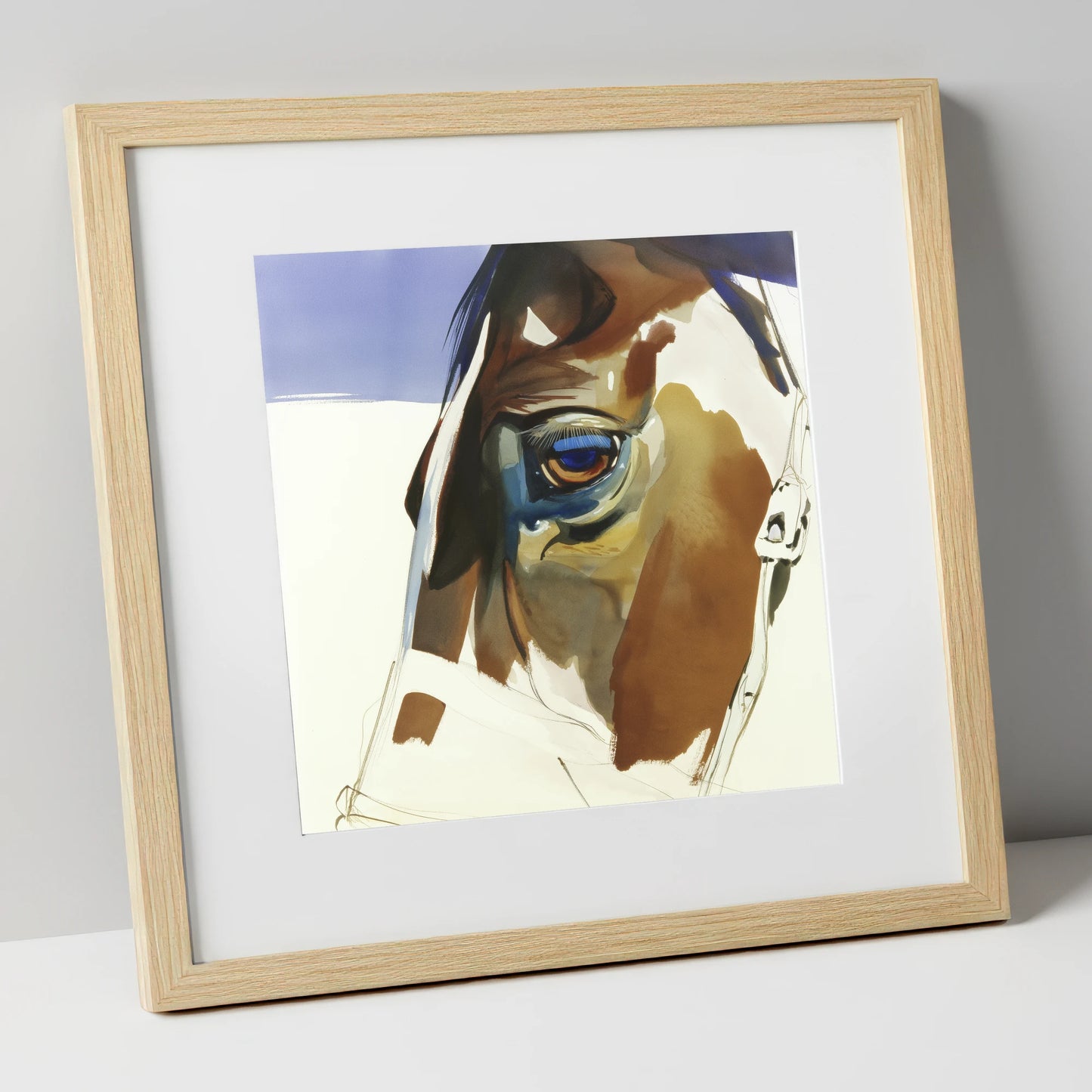 The Indigo Gaze horse portrait art print in natural frame