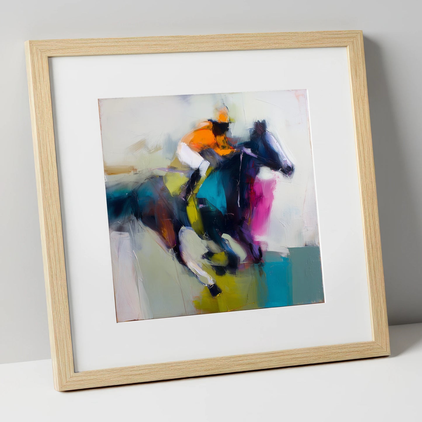 Burst of Speed racing horse art print in natural frame