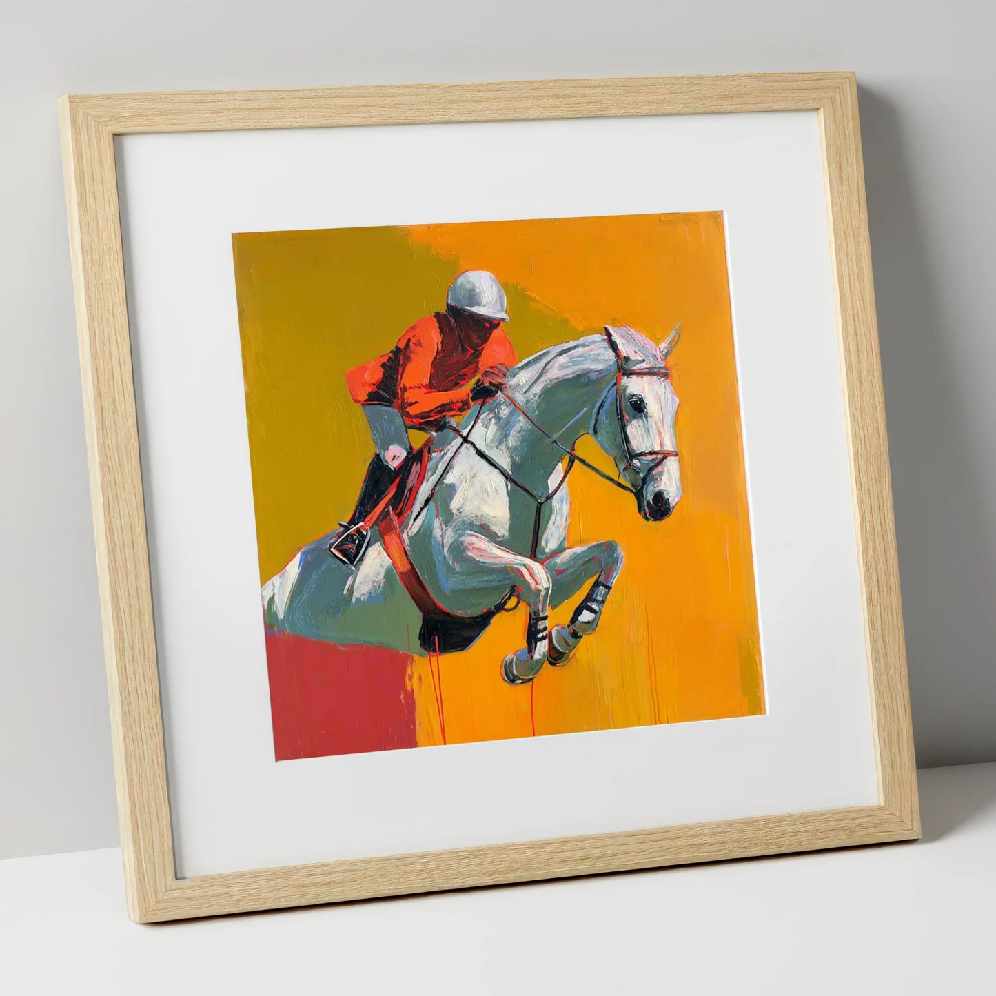 Airborne Over Gold show jumping horse art print in natural frame