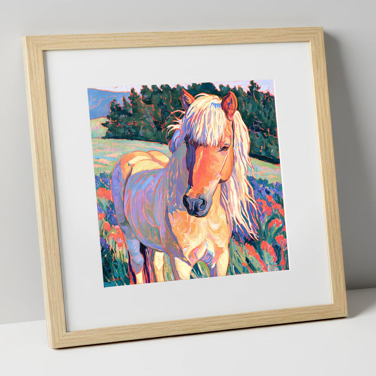 Vibrant Palomino Pony In Meadow horse breed art print in natural frame