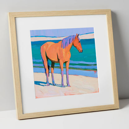 Vivid Coastal Equine horse landscape art print in natural frame