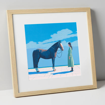 The Quiet Bond horse & rider art print in natural frame