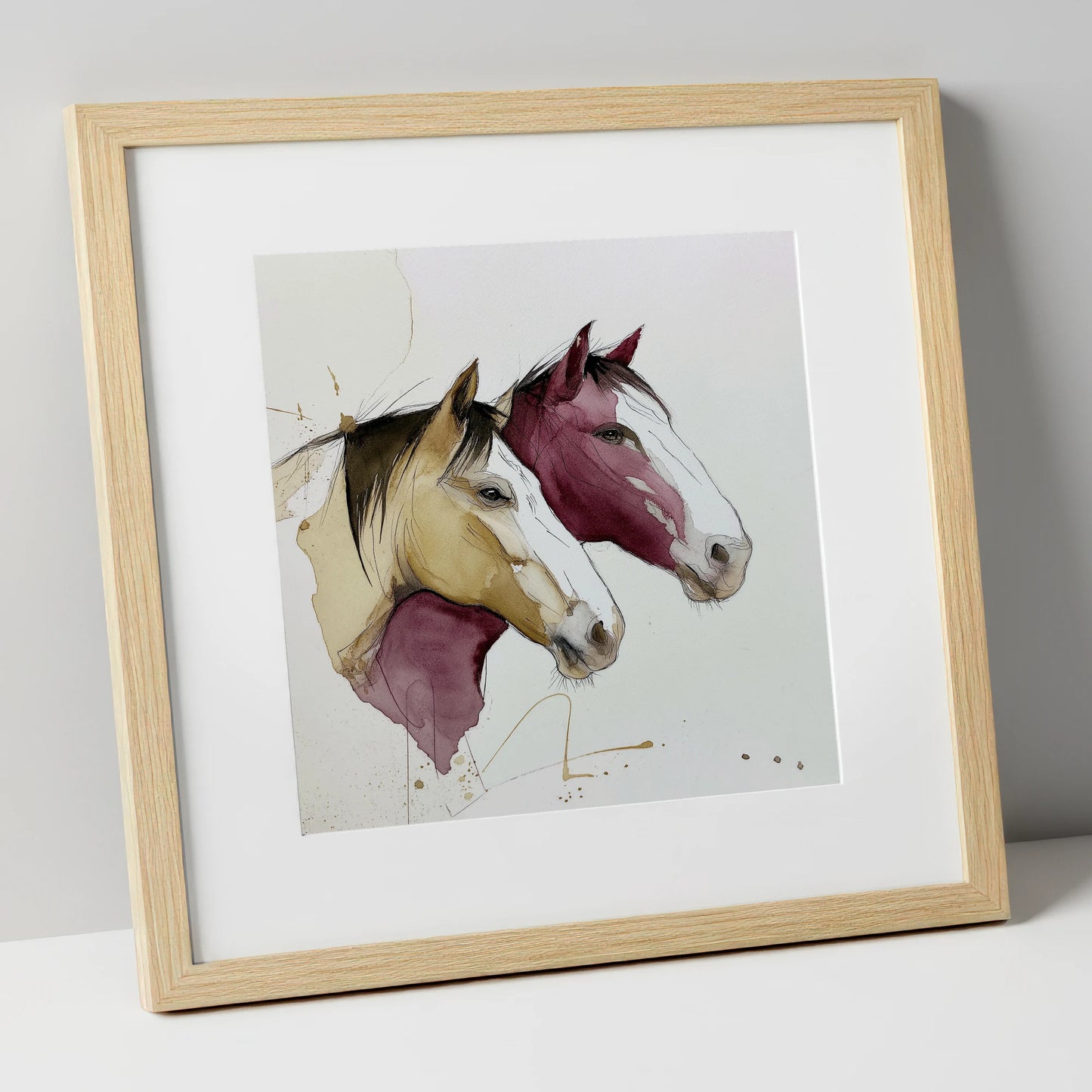 Earthy Equine Profiles wild horses art print in natural frame