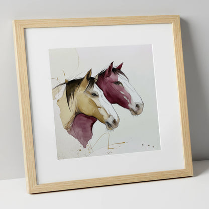 Earthy Equine Profiles wild horses art print in natural frame