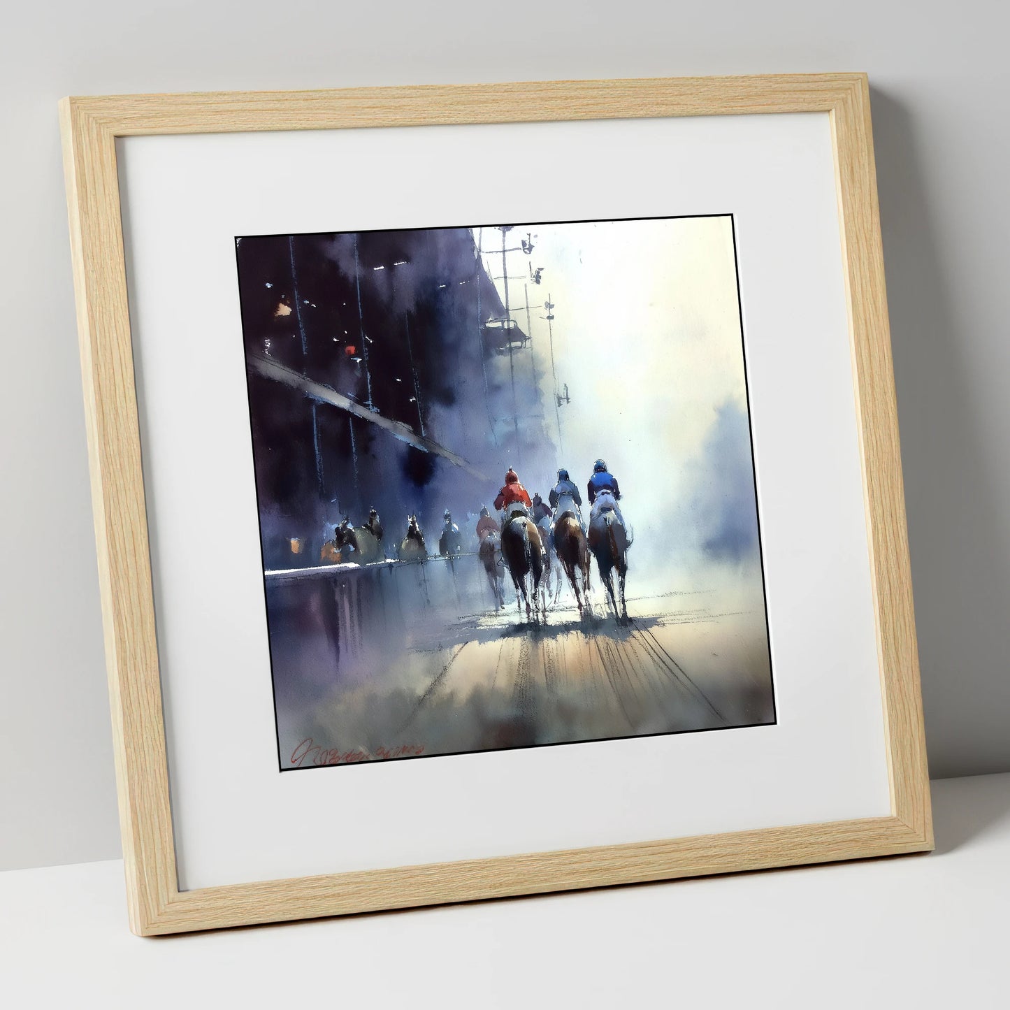 Towards the Post racing horse art print in natural frame