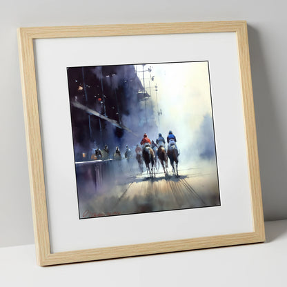 Towards the Post racing horse art print in natural frame