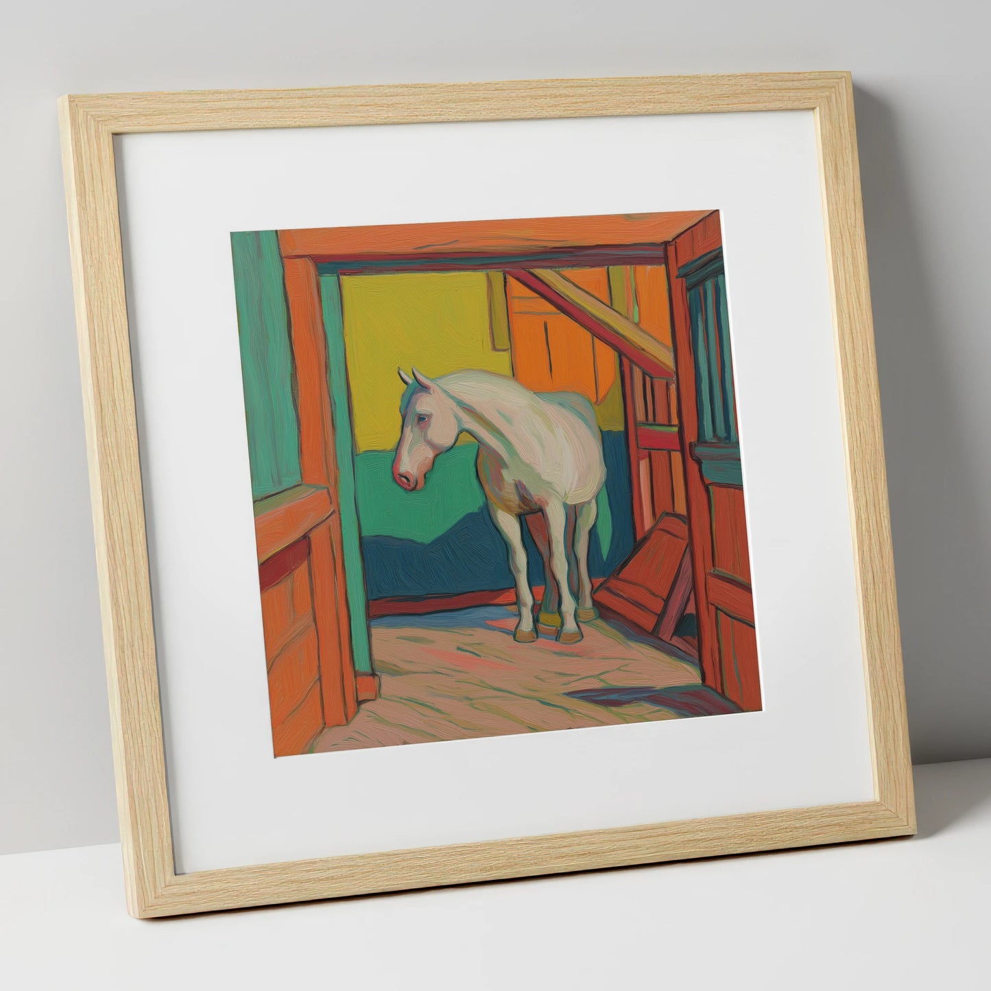 The Vibrant Stable horse stable art print in natural frame