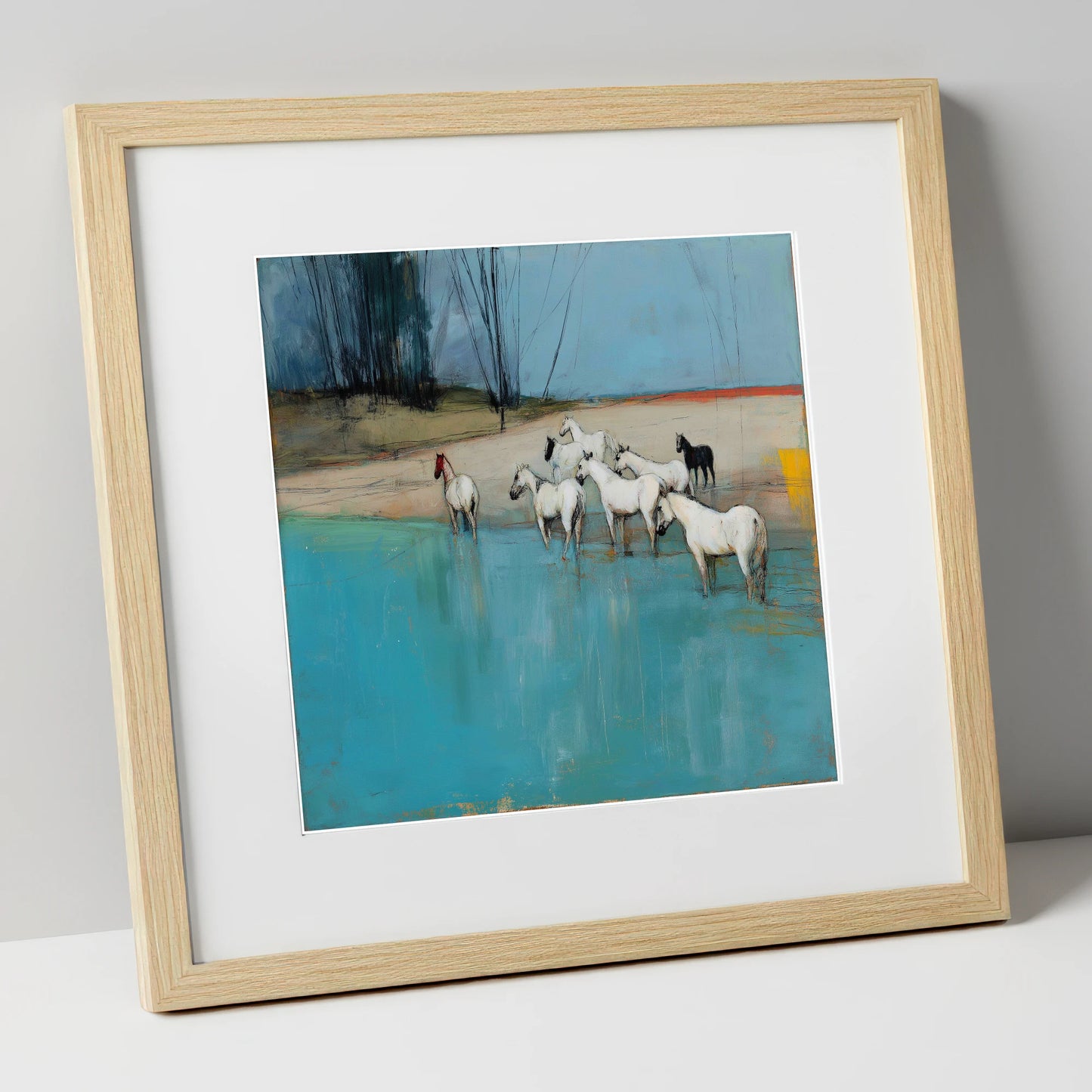 Wading in Teal Shallows wild horses art print in natural frame