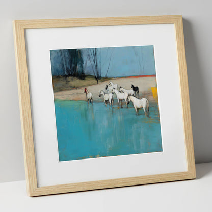 Wading in Teal Shallows wild horses art print in natural frame