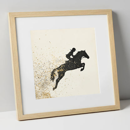 Airborne in Gold show jumping horse art print in natural frame