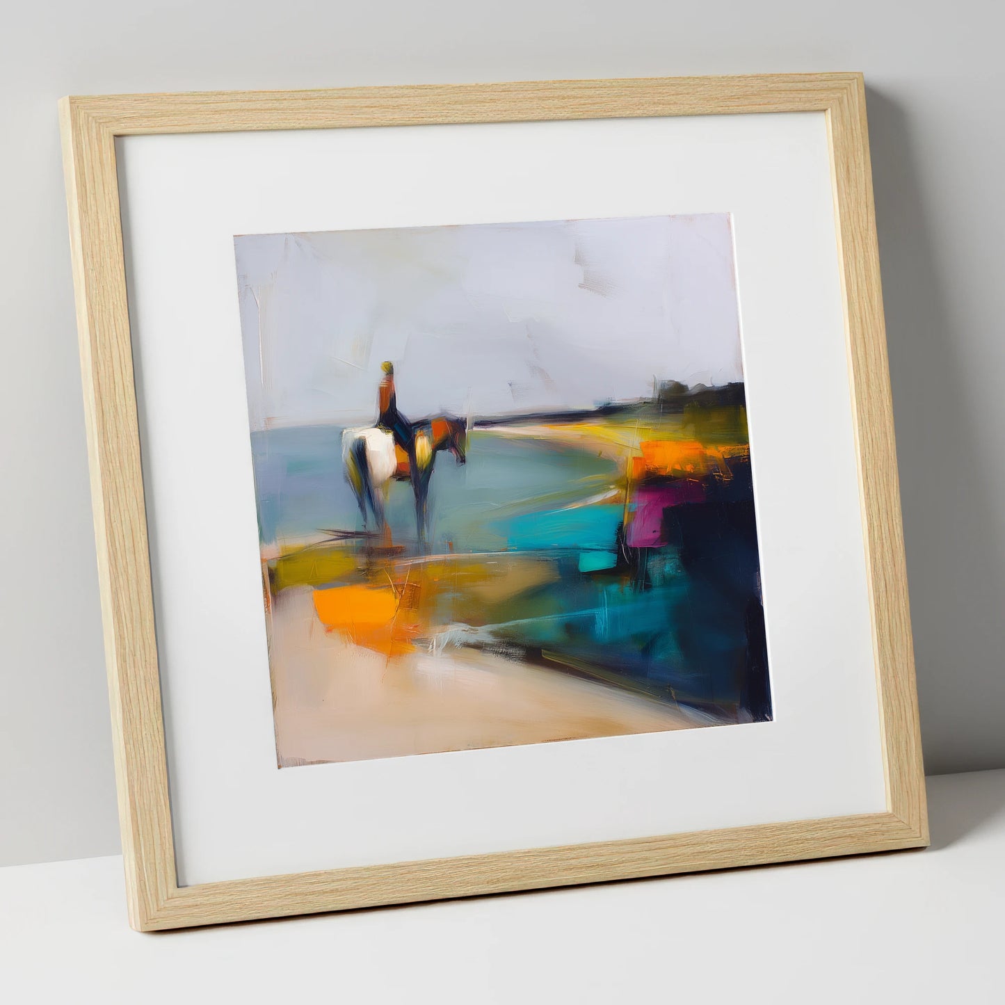 Vivid Shoreline beach horse art print in natural frame