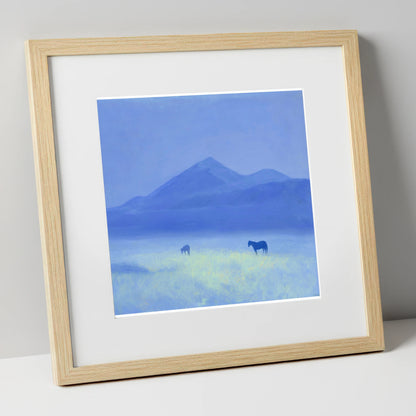 Azure Morning Mist horse landscape art print in natural frame