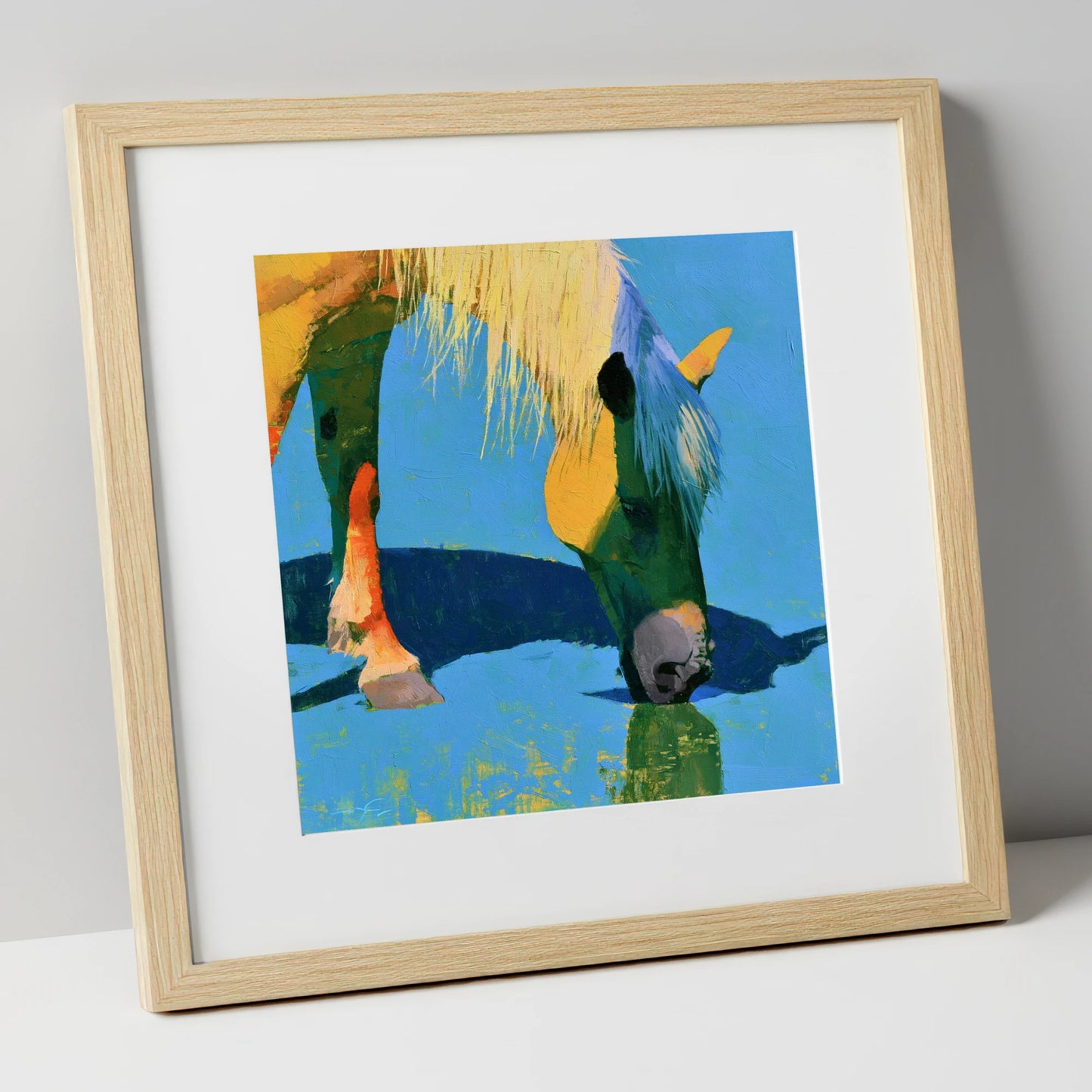 Vibrant Horse Drinking Water horse breed art print in natural frame