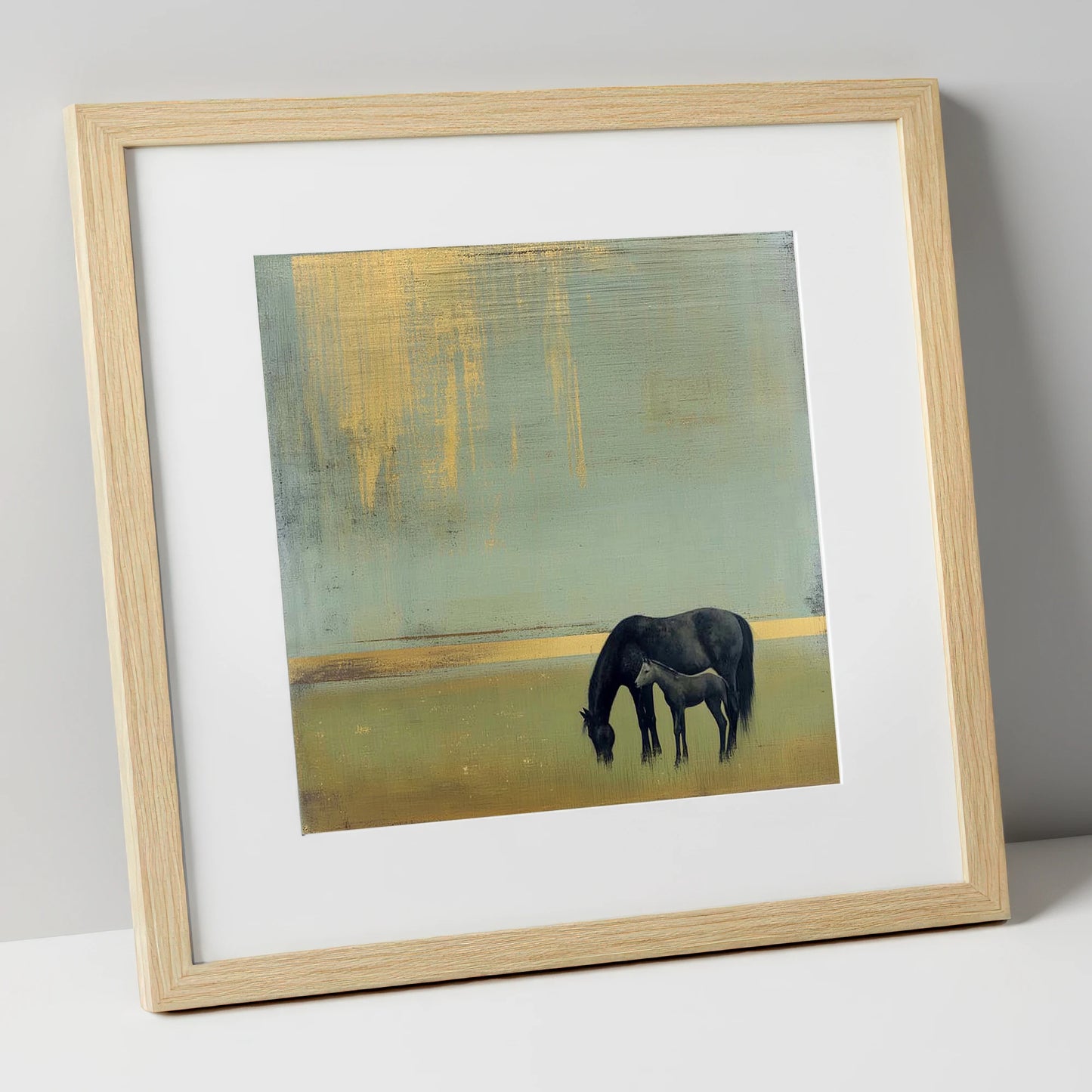 Gilded Serenity mare & foal art print in natural frame