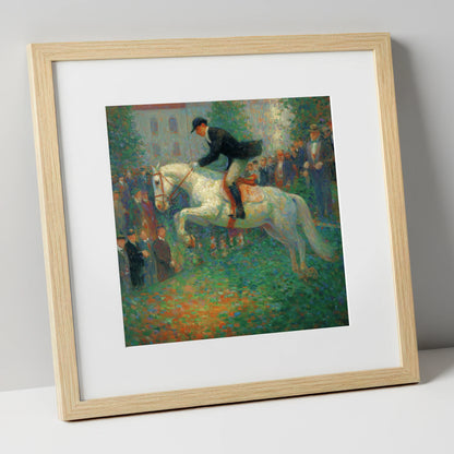 The Luminous Leap show jumping horse art print in natural frame