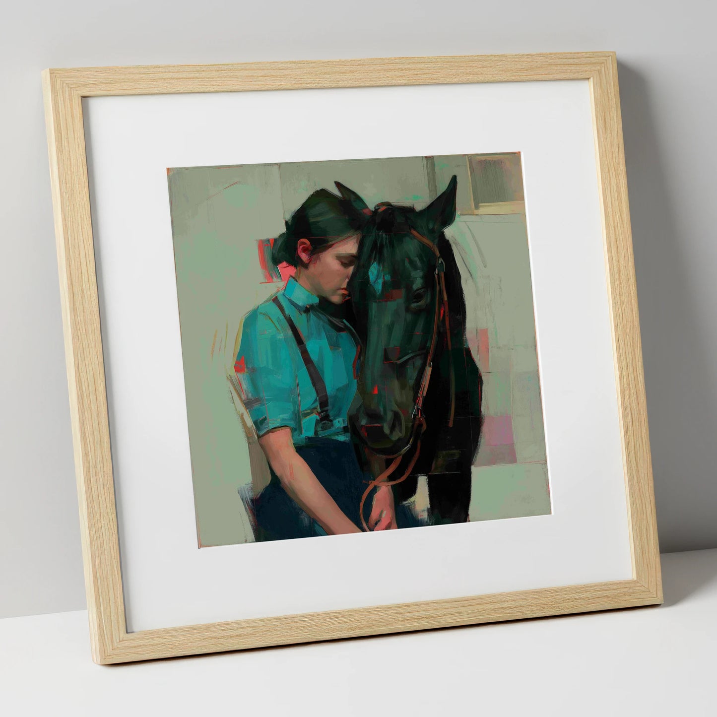 A Quiet Understanding horse & rider art print in natural frame