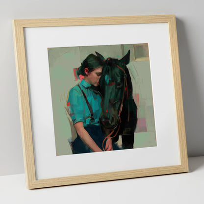 A Quiet Understanding horse & rider art print in natural frame