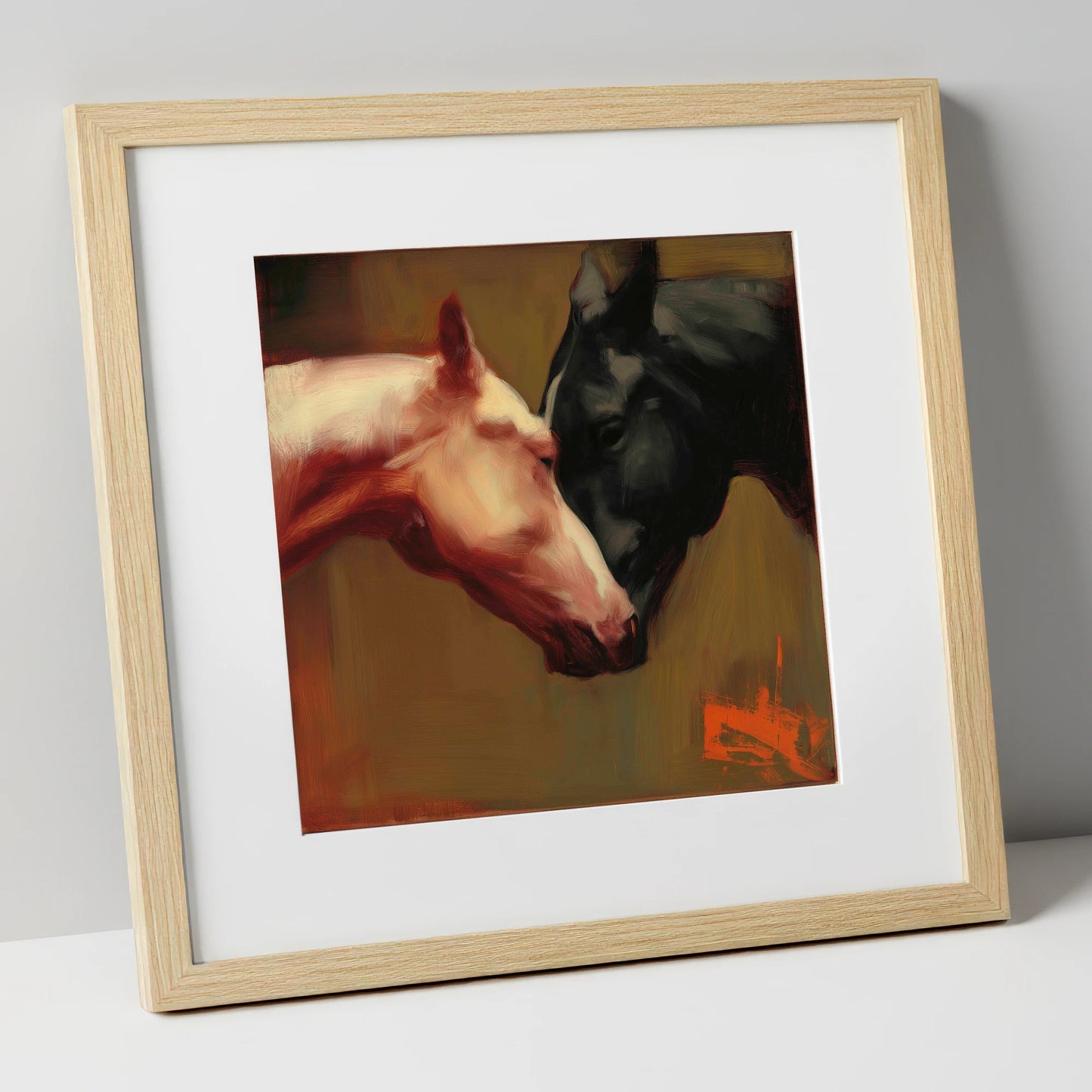 Silent Communion horse portrait art print in natural frame