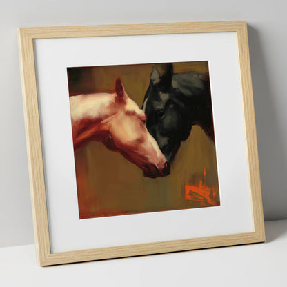 Silent Communion horse portrait art print in natural frame