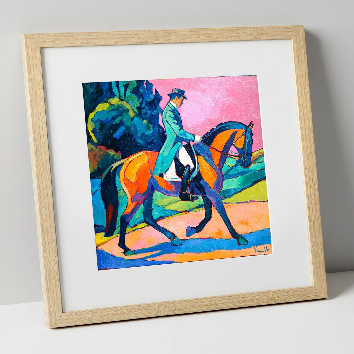 Bold Dressage Harmony dressage horse art print in natural frame