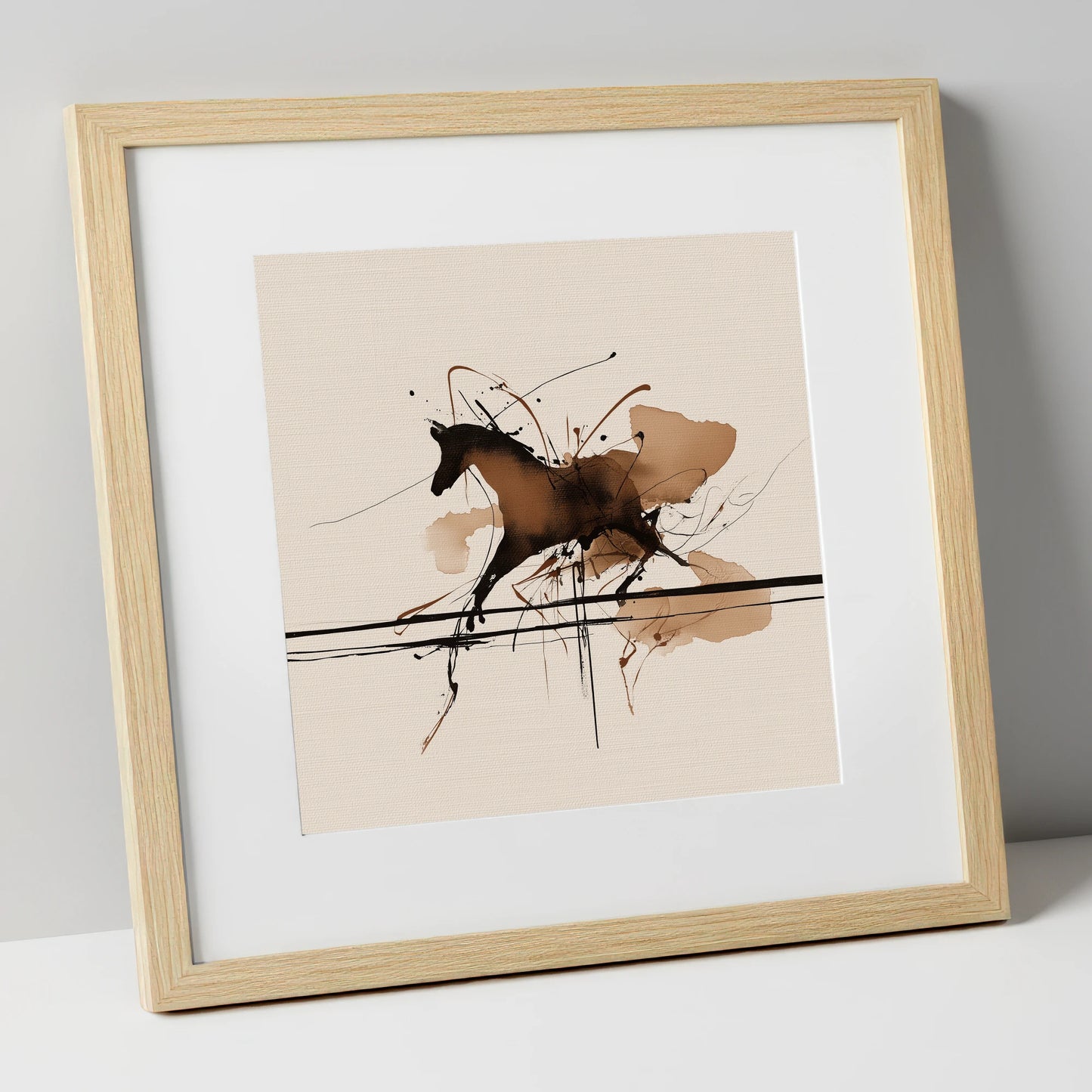 Dynamic Ink Canter horse portrait art print in natural frame