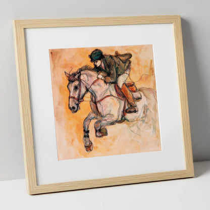 Airborne in Ochre show jumping horse art print in natural frame