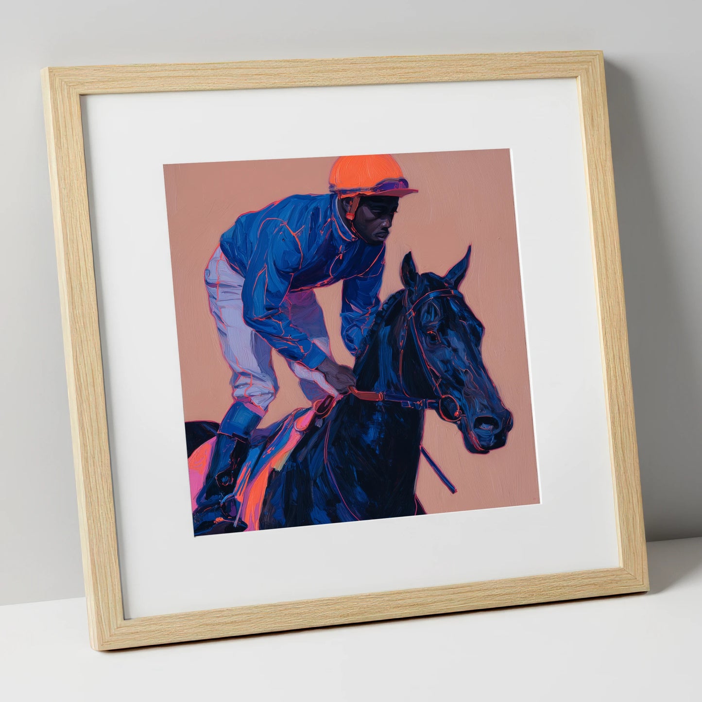 Indigo Charge racing horse art print in natural frame