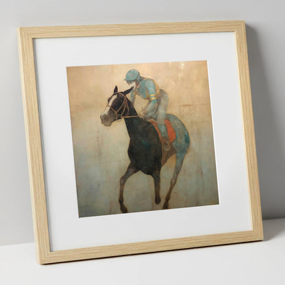 Teal Silk Canter racing horse art print in natural frame